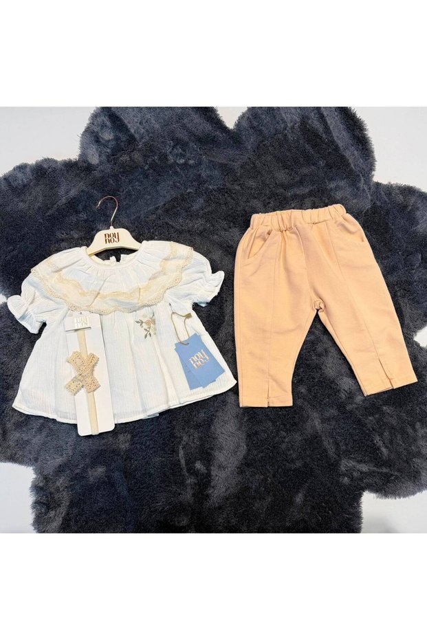 Girl's Scallop Collar Blouse & Pants 2-Piece Set - 100% Natural Cotton - Ecru