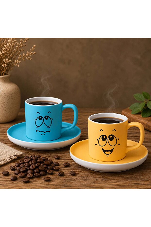 Set of 2 Ceramic Turkish Coffee Cups with Turquoise and Yellow Color Emoji Face Design-2