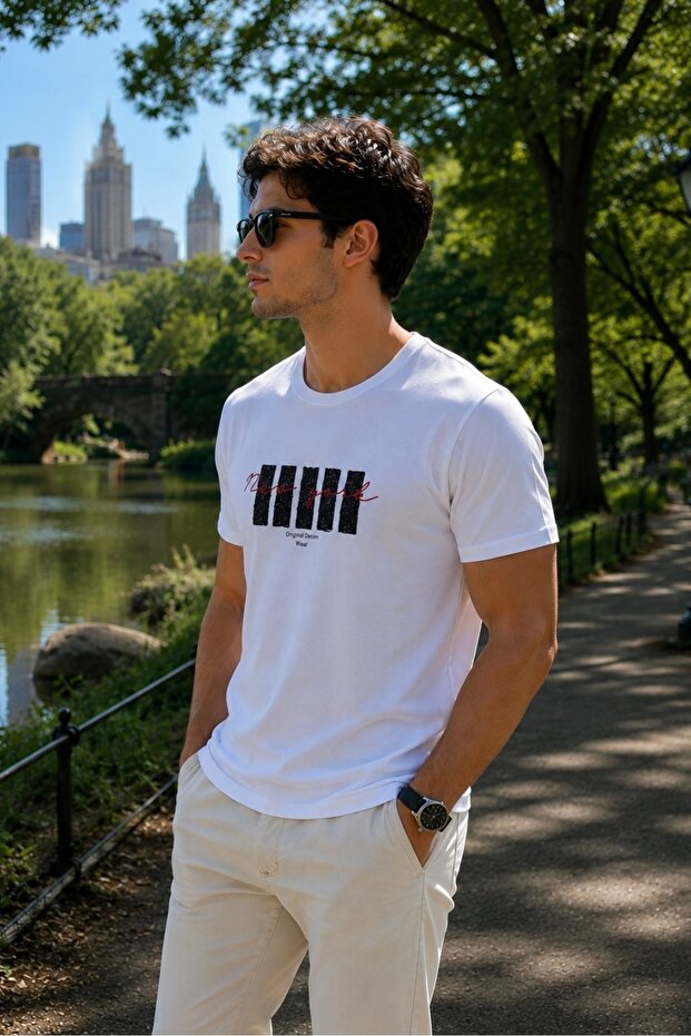 Men's Printed Crew Neck White Loose T-Shirt