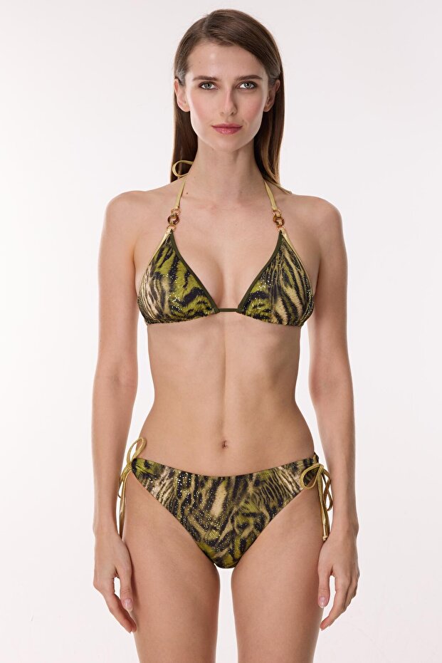 6619 Green Glitter Leopard Triangle Bikini Set