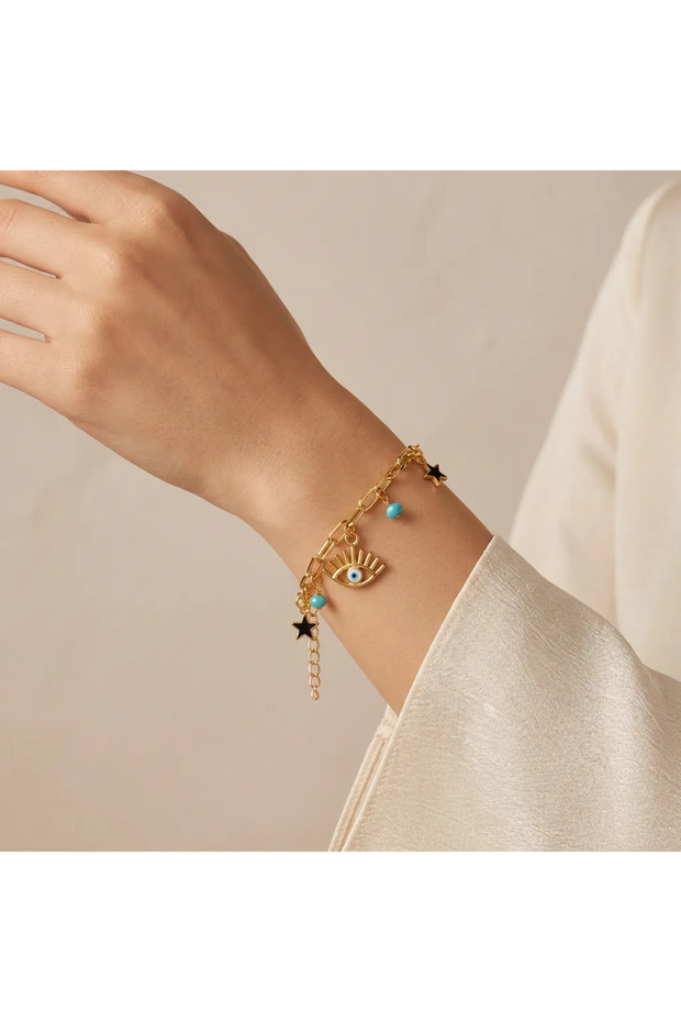 Gold Color Adjustable Women's Bracelet with Evil Eye Figure