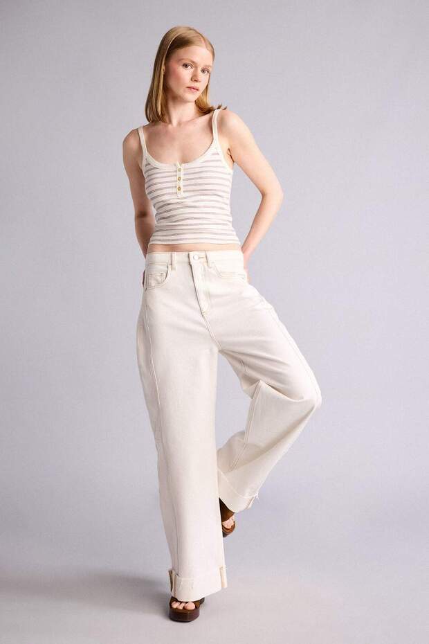 100% Cotton Barrel Fit High Waist Folded Leg Long Jean White Trousers H3570Ax26Hs