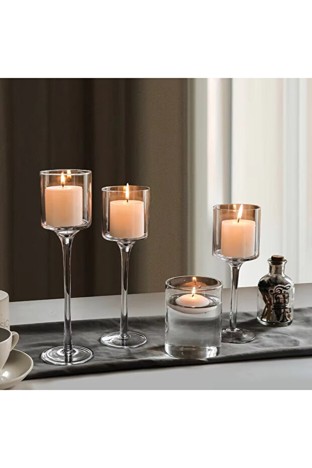 3ps 1Set3 Modern Light Luxury Tall Glass Candle Holder Wedding Props Transparent Candlestick