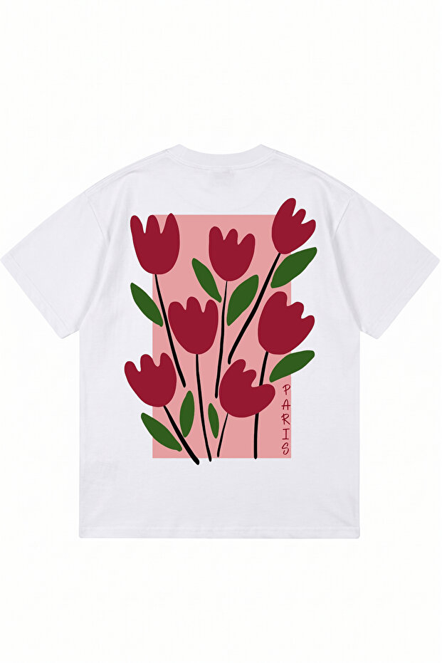 Flowers Printed White Oversize Crew Neck T-Shirt