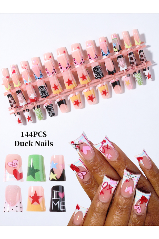 lt 49 144pcs (Six styles) Duck Nails Star polka dot heart Leopard pattern French,Detachable reusabl