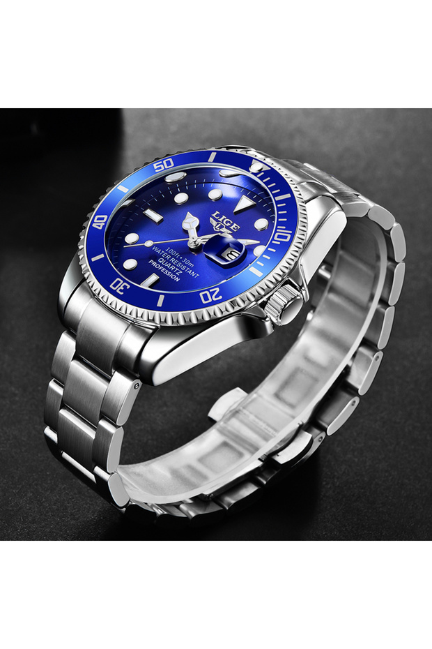 LIGE silver blue LIGE Mens Watches Fashion Sports Waterproof Men Quartz Wristwatch Top Brand Luxury