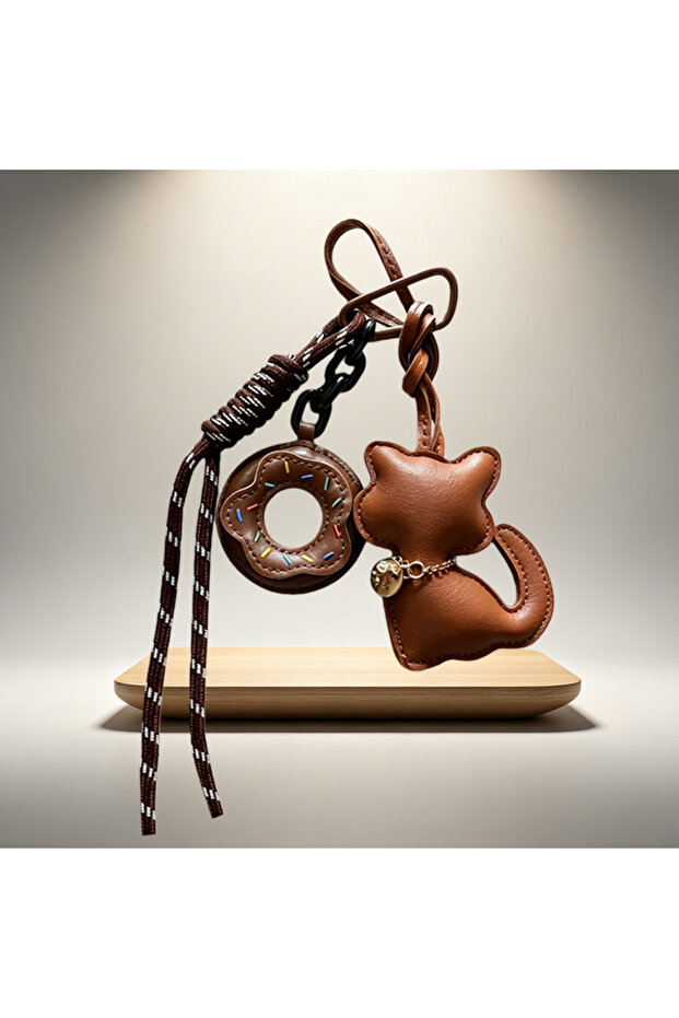 brown Cute Leather Cat Bag Charm Kawaii Donuts Keychain with Aesthetic Backpack Pendant Gift for Cat