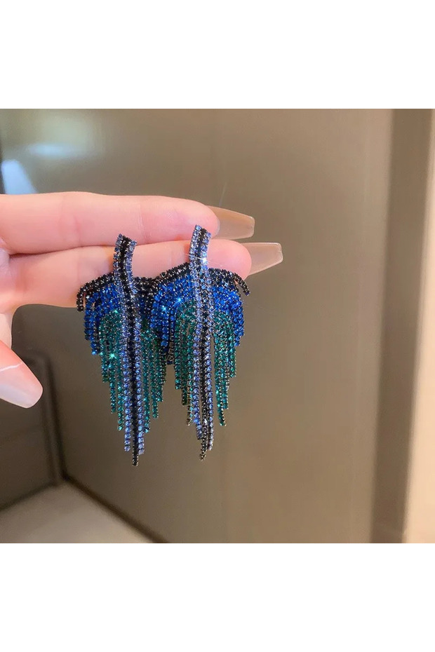 Rhinestones Full Blue Rhinestones Dangle Earrings Women Leaf-shape Geometric Long Tassel Drop Earrin