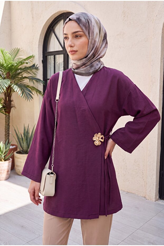 Modal Tunic with Side Cross Ties and Buckle - Plum