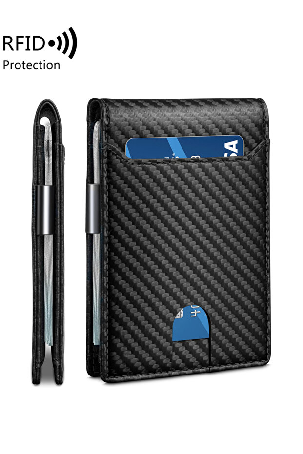 محفظة رجالية QB346-1-carbonblack بتصميم بسيط متعددة الوظائف مع خاصية حجب RFID وجيب أمامي محمول للبطاقات