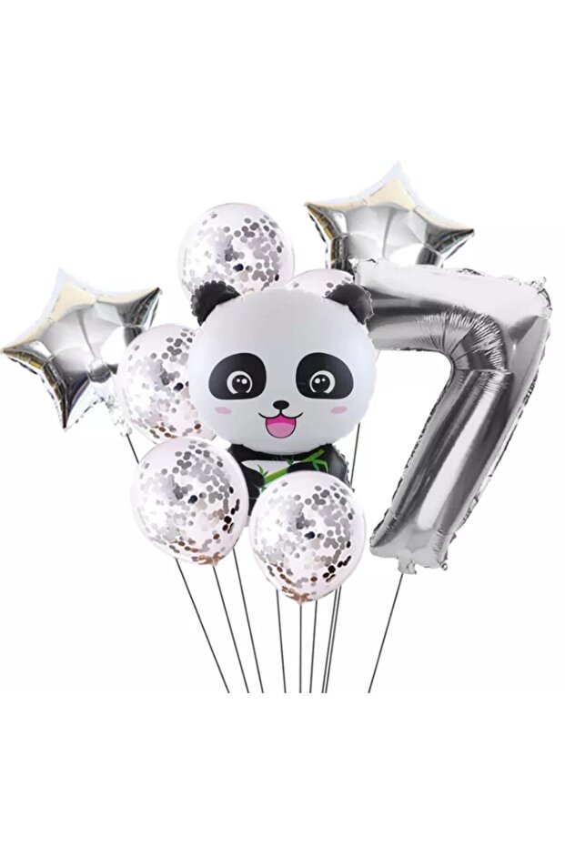 İstoç Panda Themed Silver Color Birthday Party Set Age 7