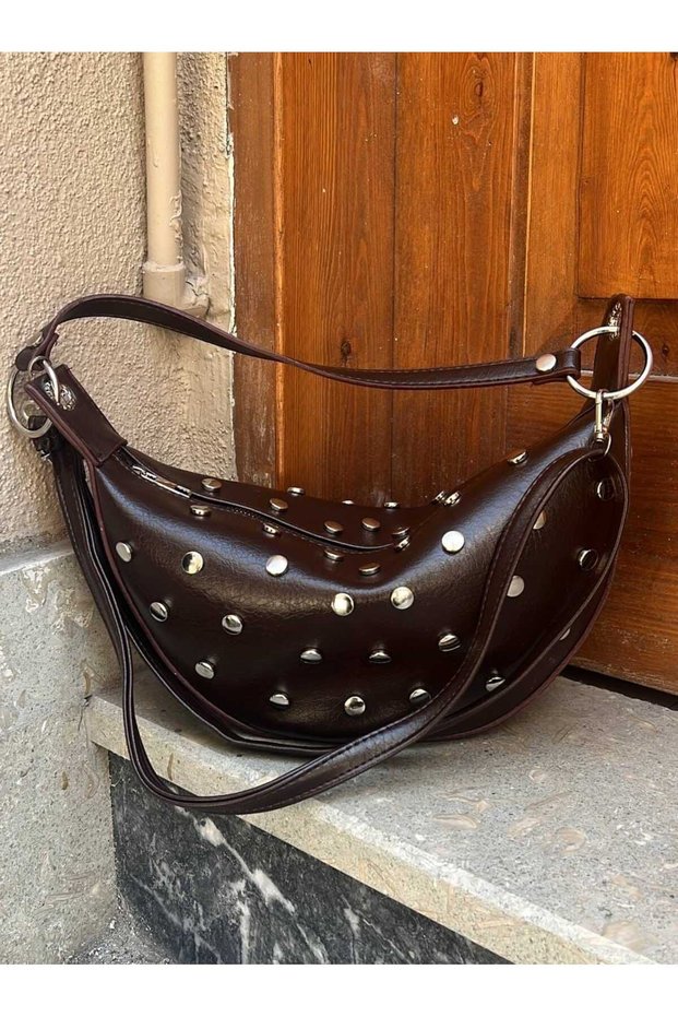 Half Moon Women's Shoulder Bag with Metal Staple Detail - Shiny Leather Look Bag