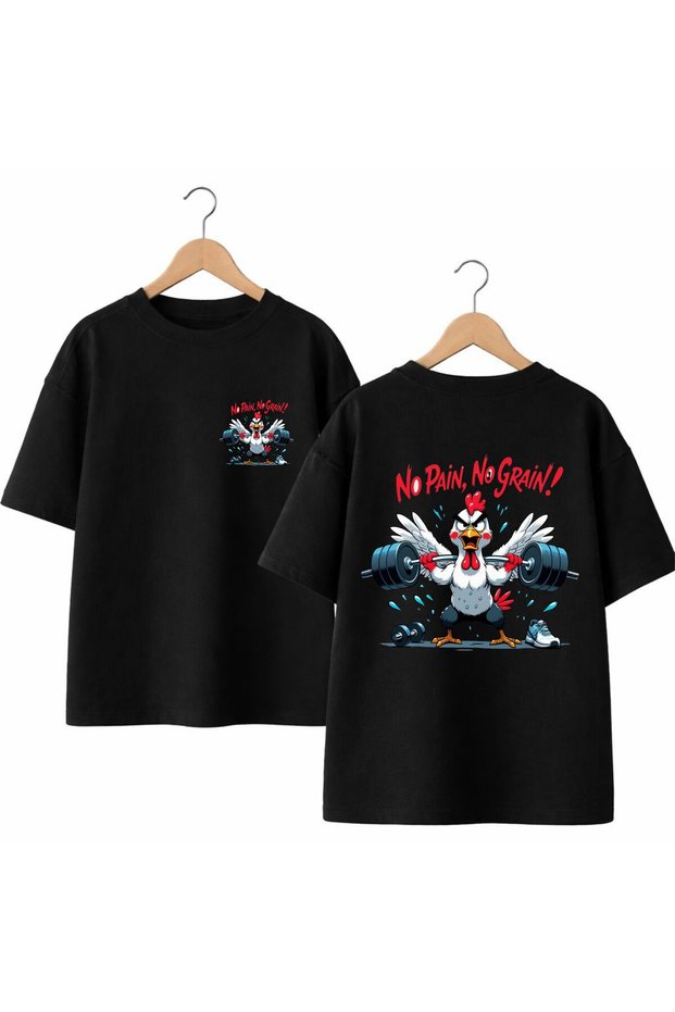 No Pain Horoz Gym Printed 100% Cotton Oversize Loose Regular Fit Crew Neck T-Shirt