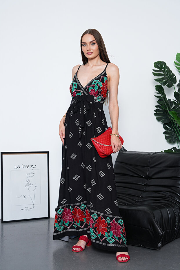 Full Length Straps Double Breasted Me Gathered Viscose Dress