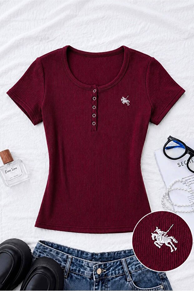 Button Detailed Embroidered Snap Blouse