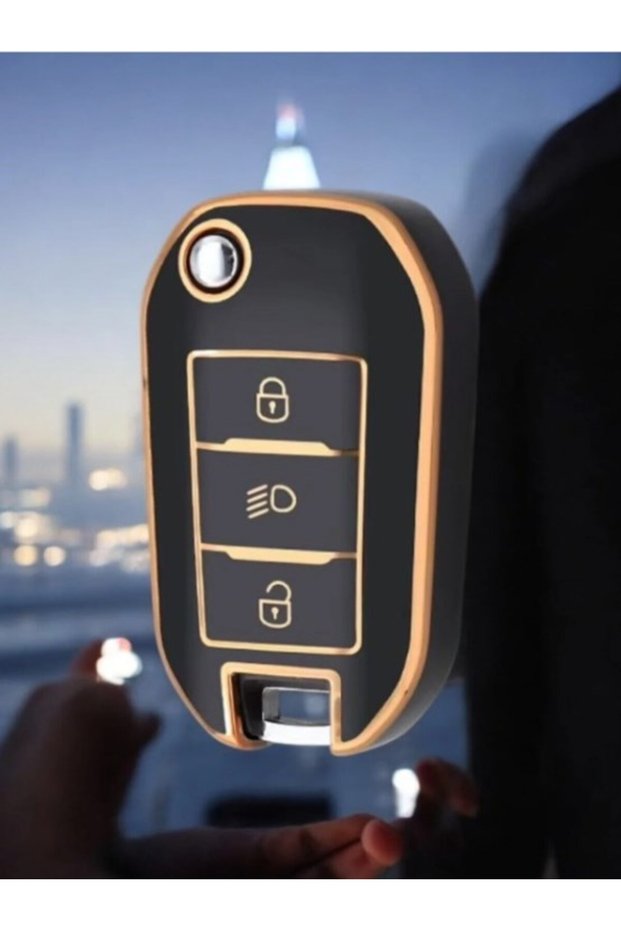 Peugeot 301 307 308 208 508 2008 3008 Partner Flip Key Protection Case Black/Gold with Headlights on