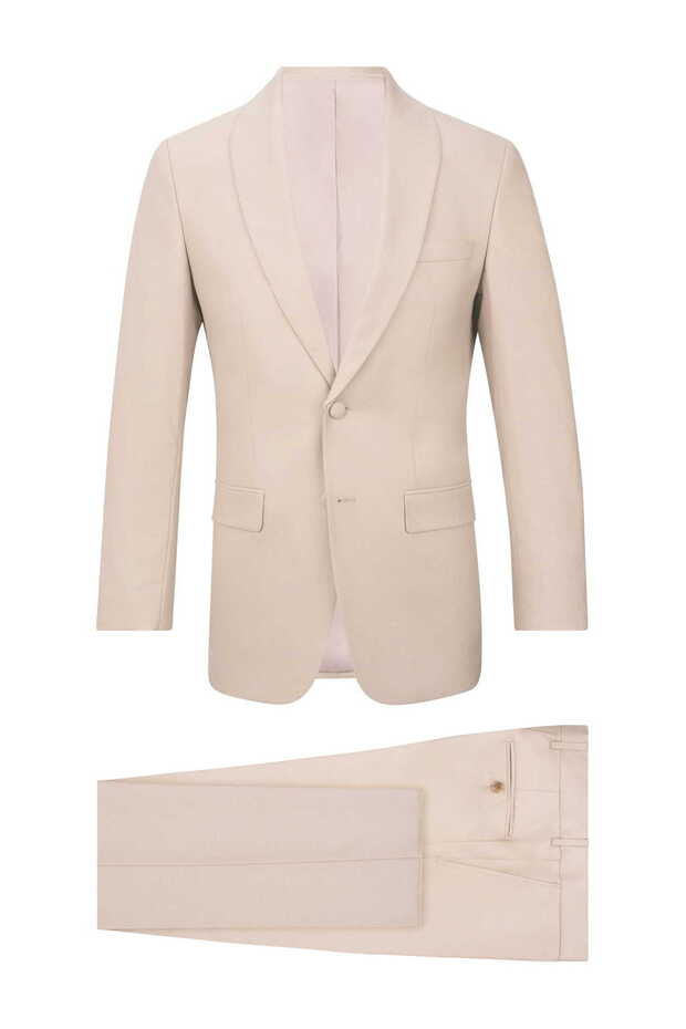 Beige Slim Fit Shawl Collar Patterned Suit