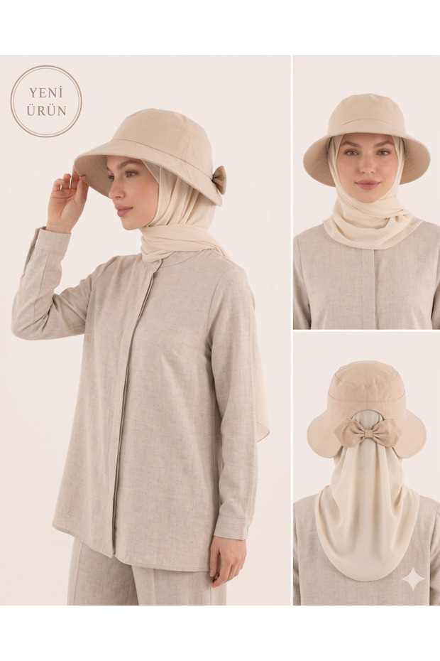 Women's Hijab Bowknot Wide Brim Summer Hat Open Back Beach and Daily Use