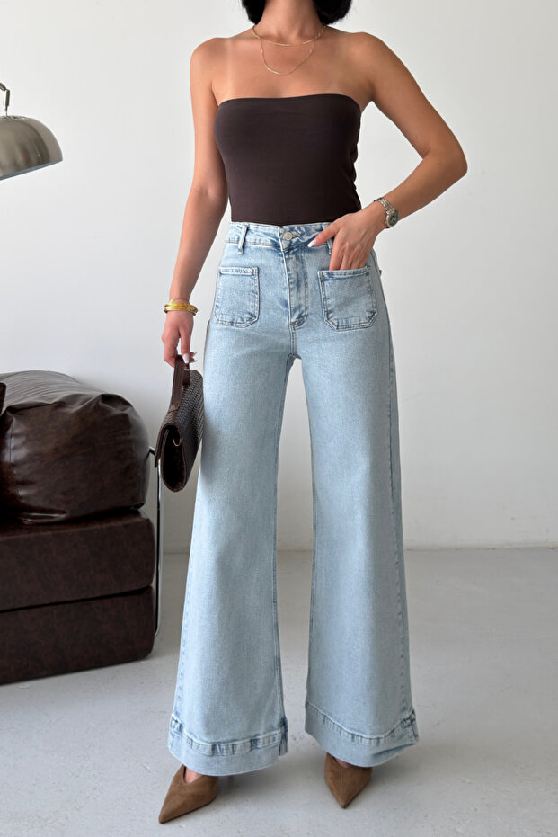 Women's Pocket Detail Basic Loose Ice Blue Denim Trousers