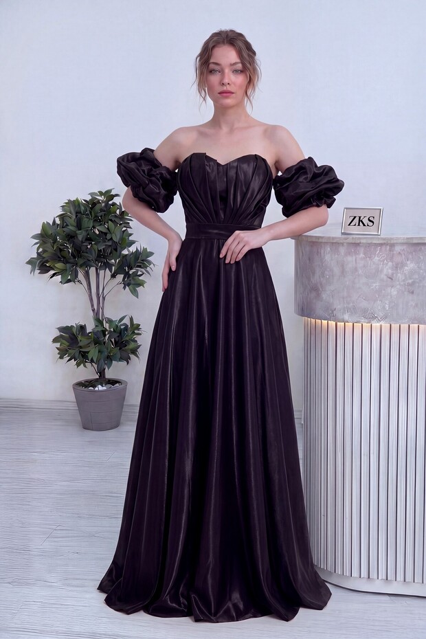 Women's Strapless Detachable Sleeve Princess Long Evening Dress Satin Burgundy, Powder, Navy Blue, Beige, Brown, Black