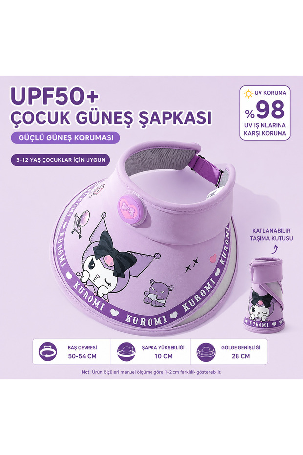 Cute Cat Kuromiii Patterned Children's Sun Hat Upf50+ Uv Protection Foldable Visor 3-12 Years Old Purple