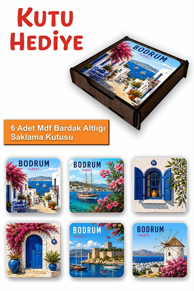 مجموعة من 6 قواعد أكواب من خشب MDF من Bodrum Esintisi - مع صندوق تخزين خشبي 9x9 سم