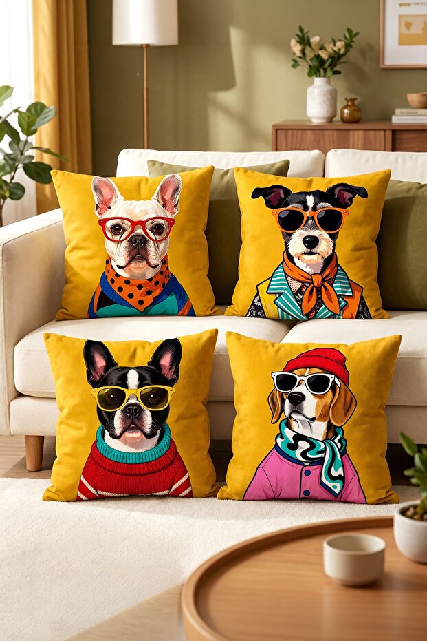 Set of 4 Patterned Dog Pillow Covers