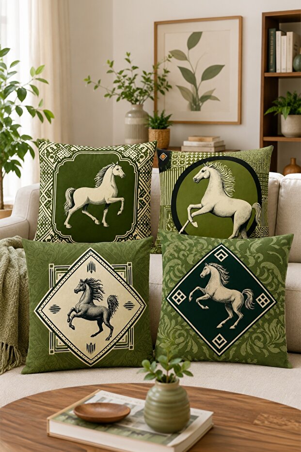 Green Ground Horses Patterned 4-Piece Throw Pillow Cover Set