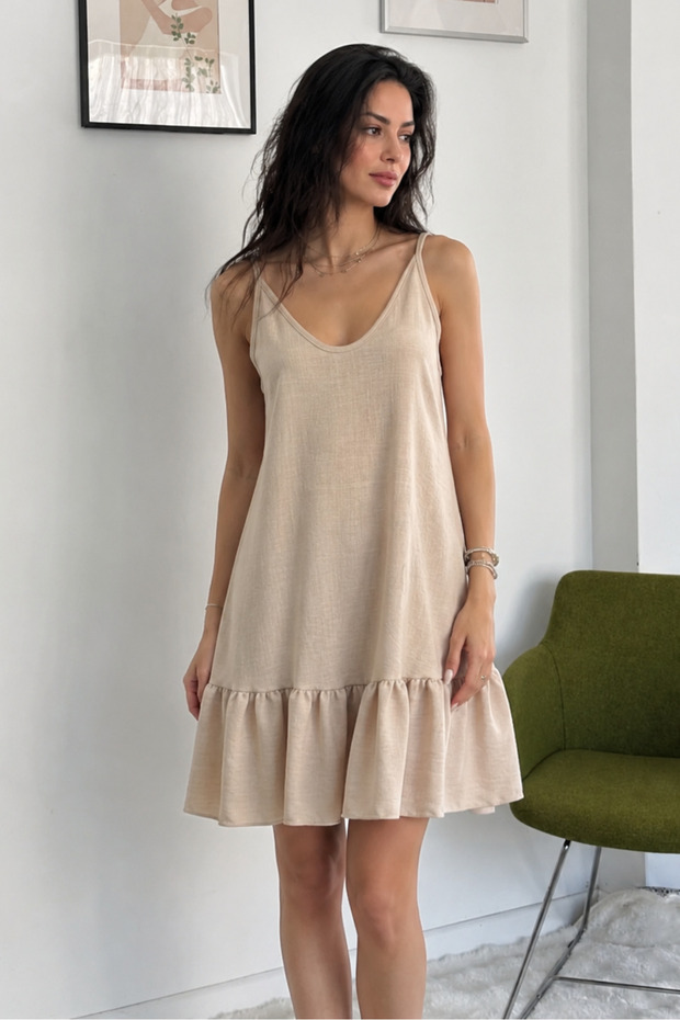 Keten Look Fabric Woven Dress with Adjustable Straps