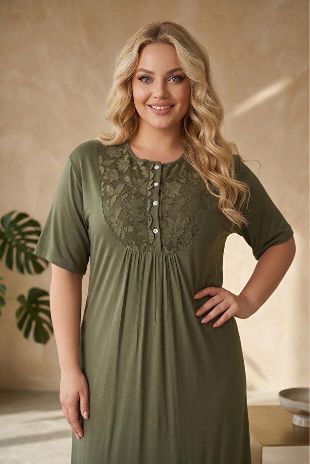 New Season Green Crew Neck Lace Detailed Summer Buttoned Design Short Sleeve Plus Size (Oversize) Nightgown