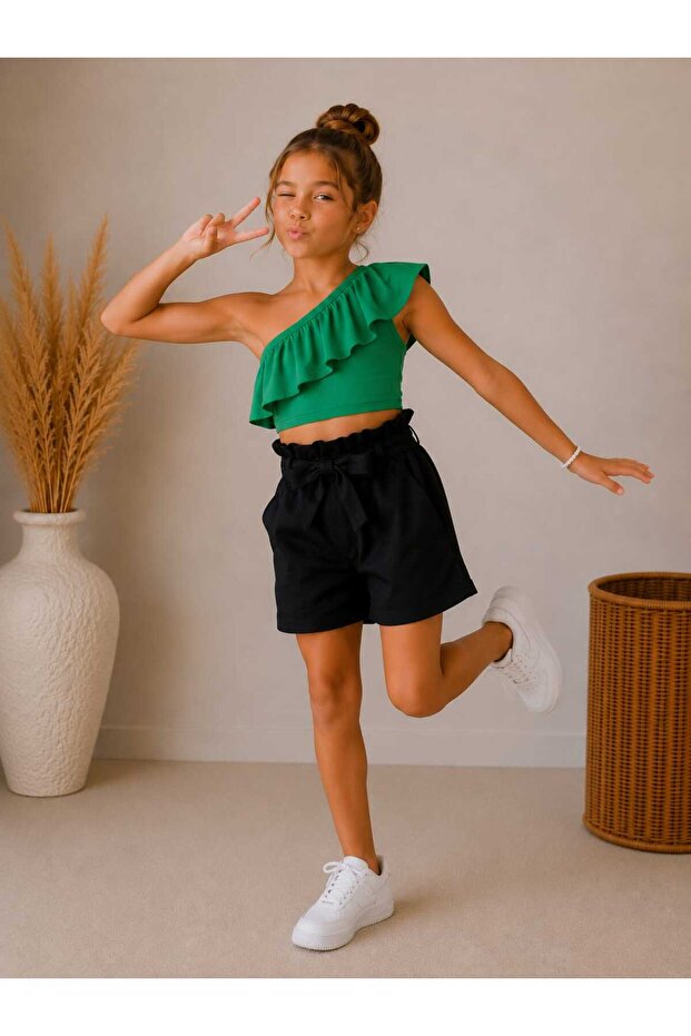 Girls' Ruffle Sleeve Blouse and Linen Shorts Top and Bottom Set