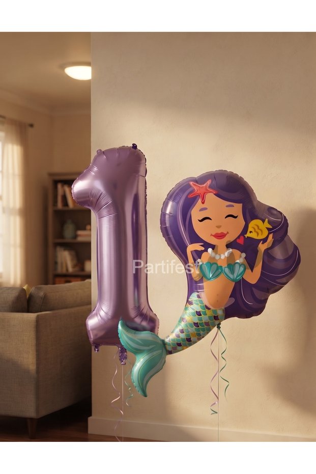 Mermaid Themed Foil Balloon Set - Purple Number Balloon for 1 Year Old and Mermaid Figure Balloon