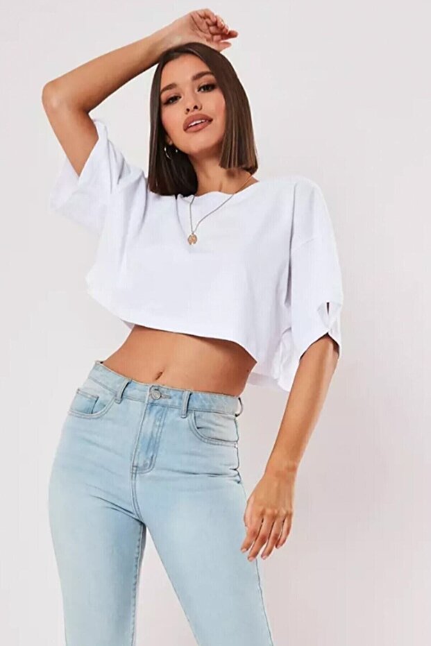 Women's Black-white Oversize Combed Cotton Crop T-shirt T-shirt