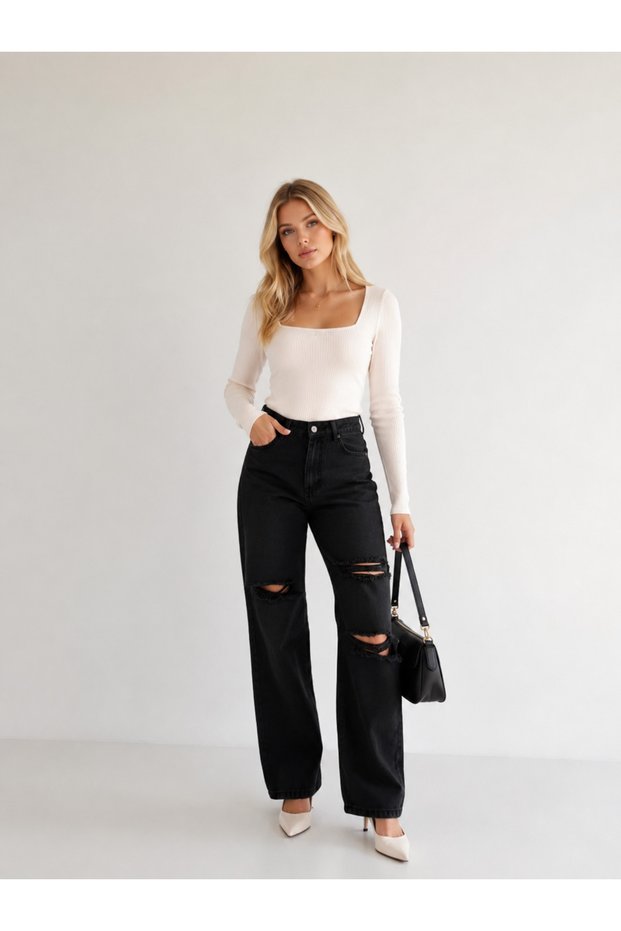 Black High Waist Knee Ripped Detailed Wide Leg Palazzo Jean Denim Trousers