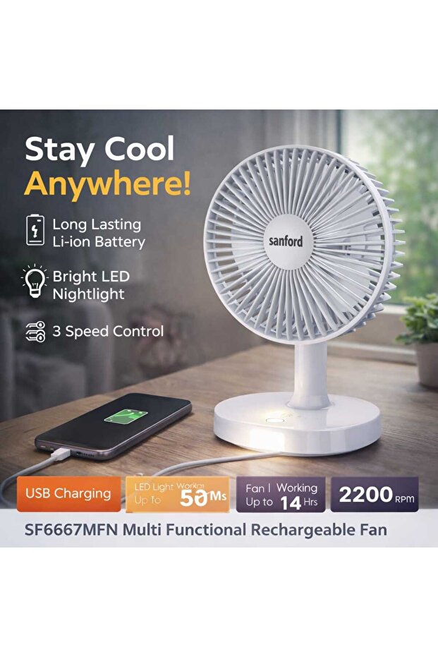 SF6667MFN Rechargeable Table Fan with LED Light 4600mAh