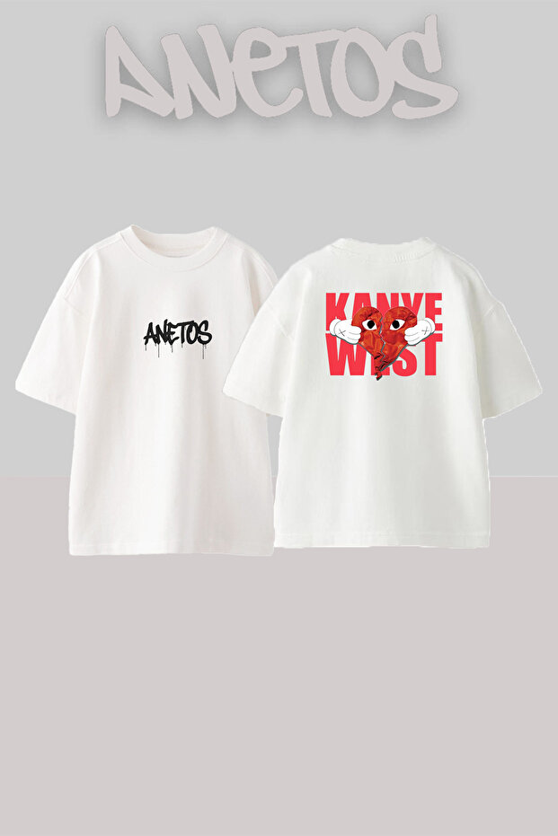 تي شيرت أبيض كبير الحجم مطبوع بتصميم KAWS_1 من Kanye West للجنسين