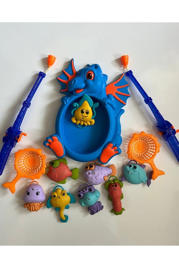 Blue Dinosaur with Pool Catching Fishes on Water Fishing Game 13 Pieces