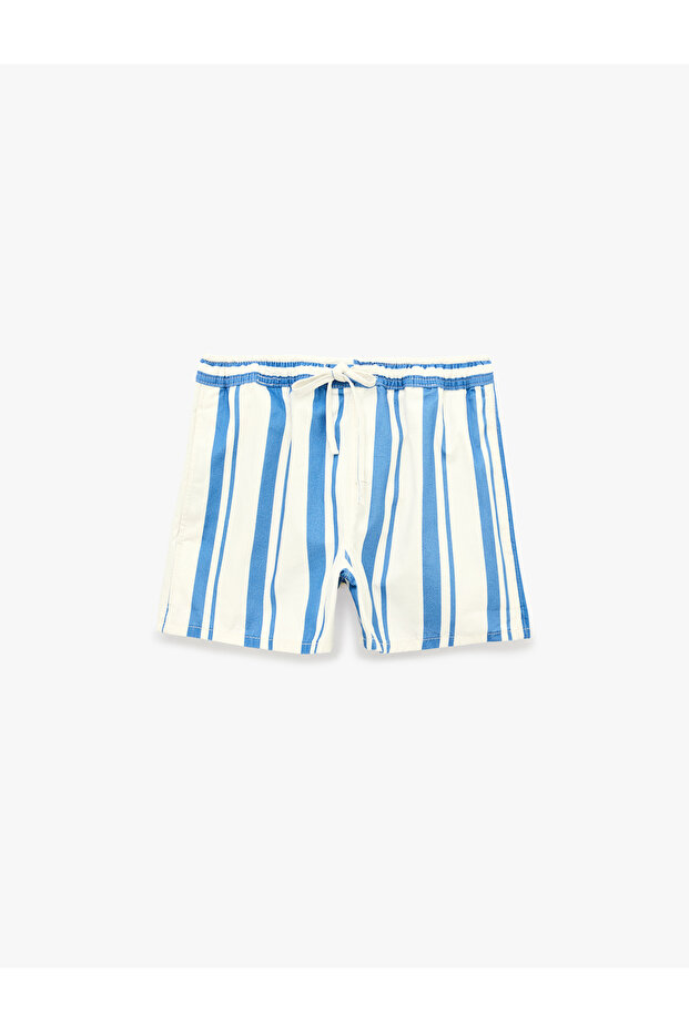 Comfortable Fit, Striped Mini Denim Shorts with Pockets and Lace-Up Waist