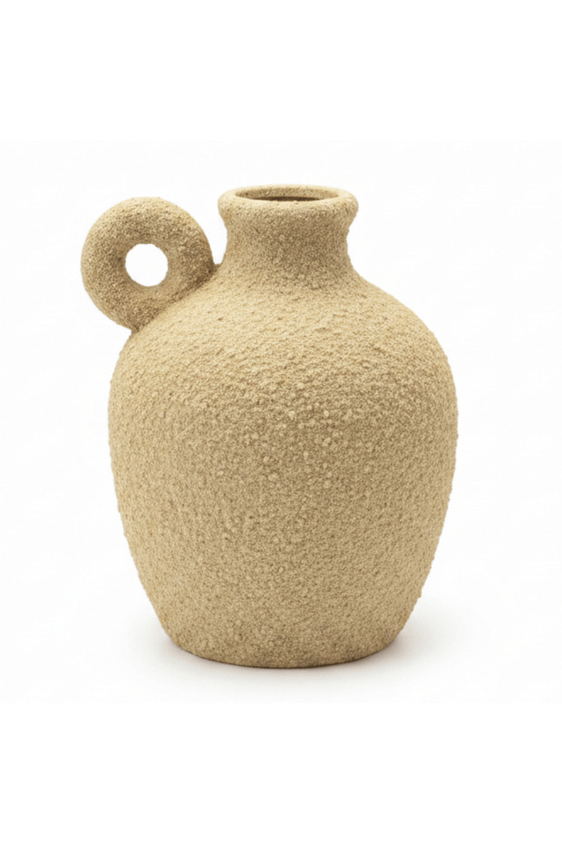 Rustic Textured Ceramic Vase 25 cm | Sand-Grain Finish | Single Handle | Arabian Home Décor | Ideal for Dried Flowers & Pampas Grass