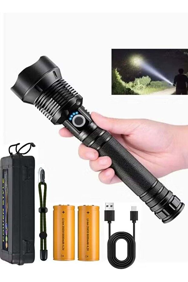 مصباح يدوي LED قابل لإعادة الشحن، سطوع عالي، مقاوم للماء IPX5 مع بطاريات 26650 مللي أمبير و5 أوضاع إضاءة، يشحن بالكامل في 4 ساعات، مصباح يدوي محمول.