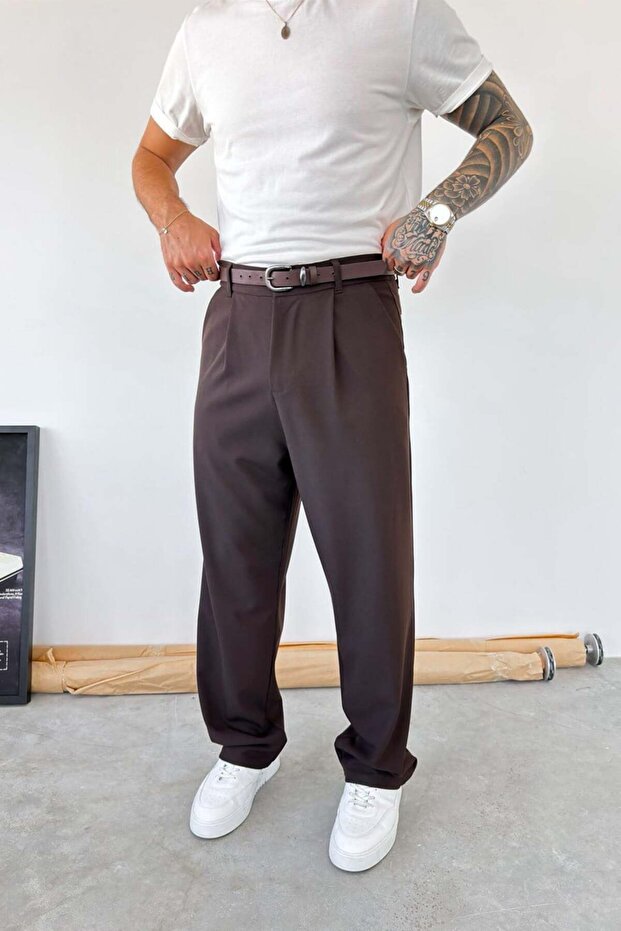 Brown Pleated Baggy Fit Fabric Trousers