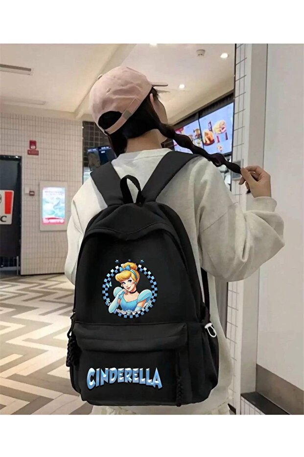 حقيبة ظهر مدرسية مطبوعة باللون الأسود من سيندريلا، حقيبة ظهر للمدرسة والدروس والدورات
