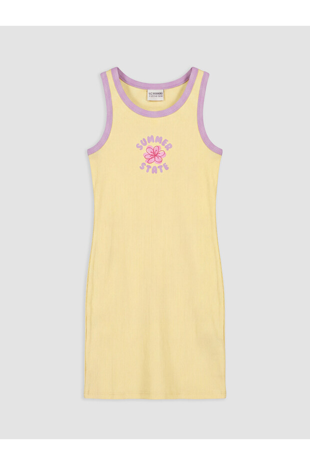 Lcw Kids Yellow Crew Neck Printed Ribbed Girls' Dress