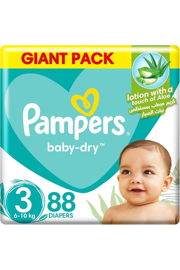 Baby-Dry Taped Diapers with Aloe Vera Lotion, up to 100% Leakage Protection, Size 3, 6-10kg, 88 Count