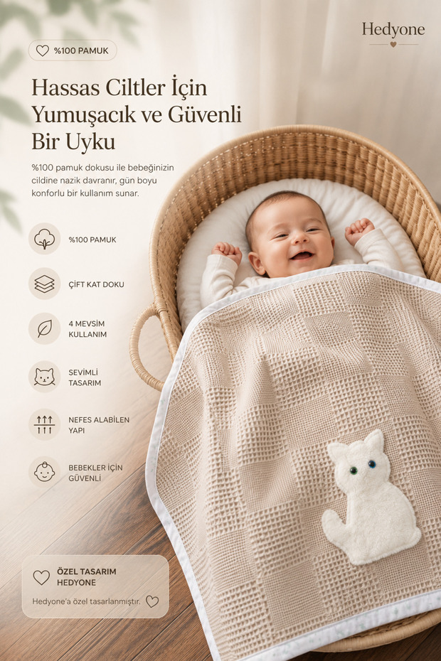 Baby Pique Blanket Waffle 100% Cotton 110X110 cm with Rabbit Appliqué