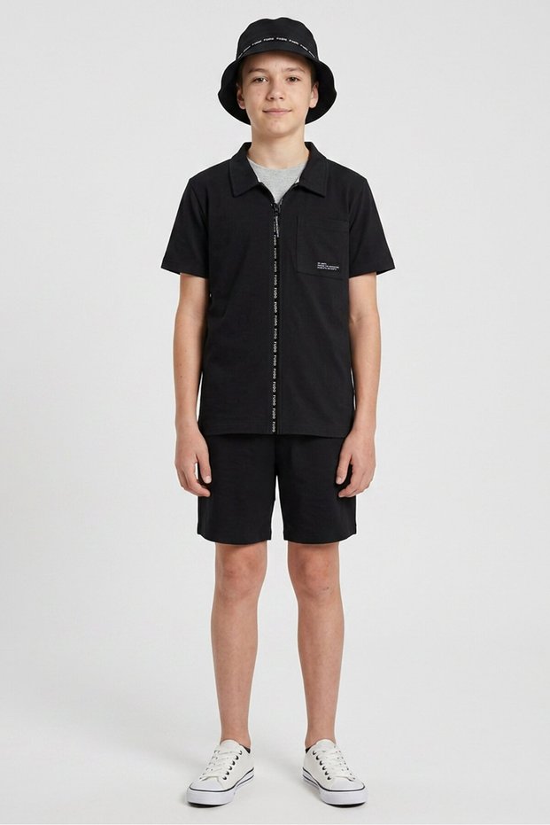 Kids Boy 3 Pieces Brand Logo Shirt With Shorts And Bucket Hat Set, Black
