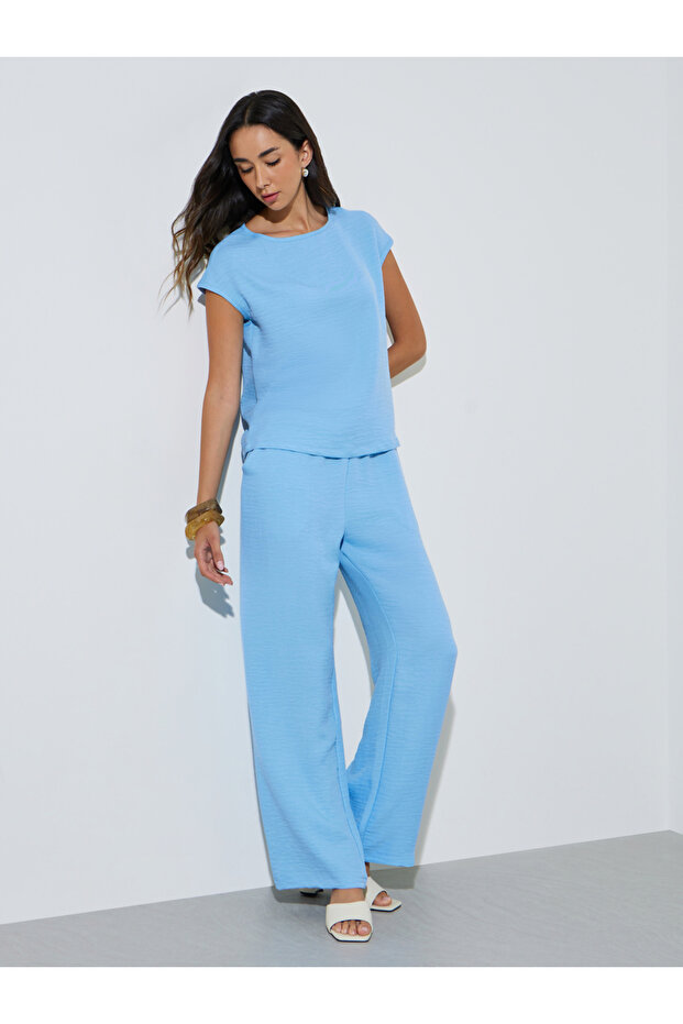 Blue Solid Woven Cap Sleeve Top and Wide Leg Pants Set