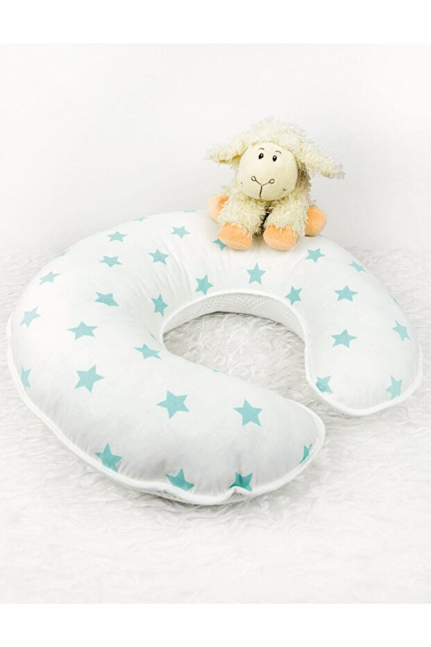 Comfortable Breastfeeding Pillow and Support Cushion, White Pique and Mint Star Design