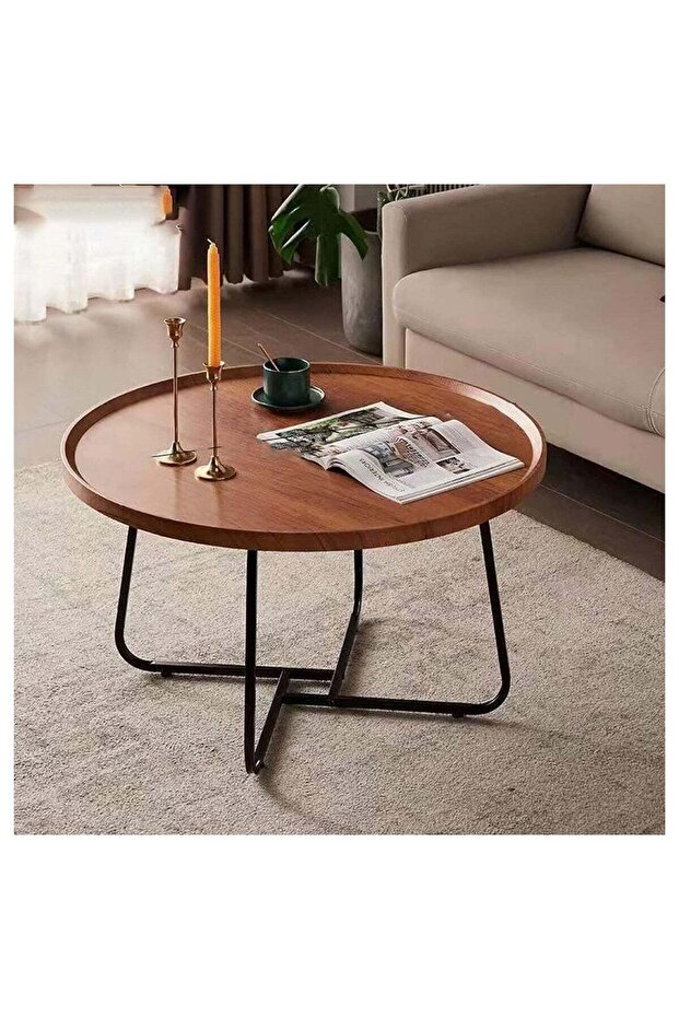 Round Coffee Table with Metal Frame, Modern Wood Raised Edge Table, Durable Easy Assembly Cocktail Table End Table for Living Room Office