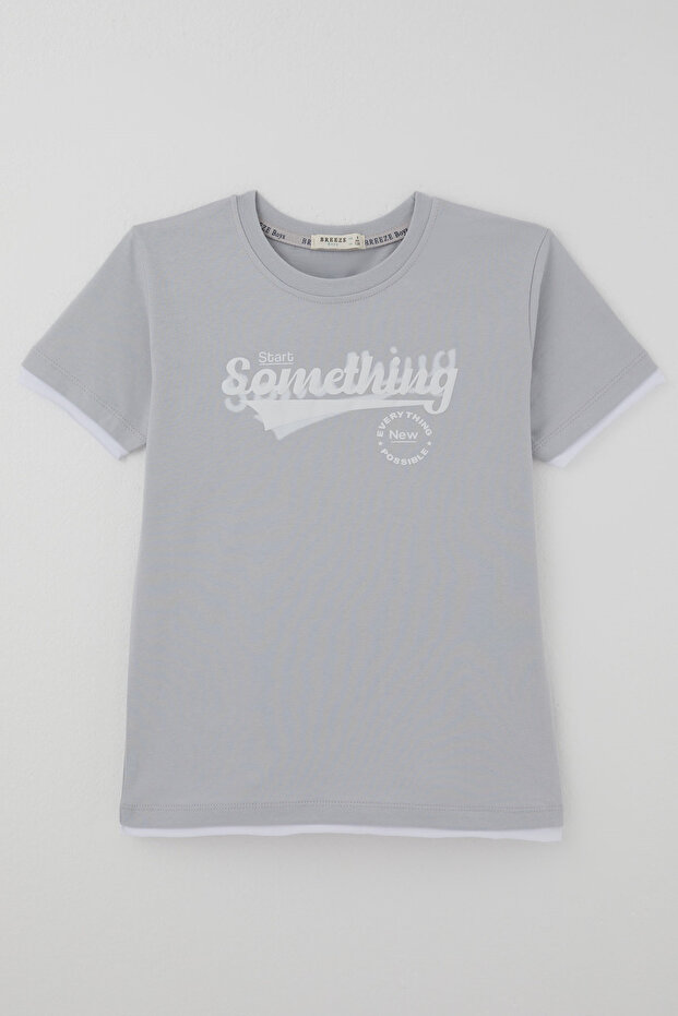 Boy's Short Sleeve Layered T-Shirt with Embossed Lettering Print, Ages 8-14, Light Gray